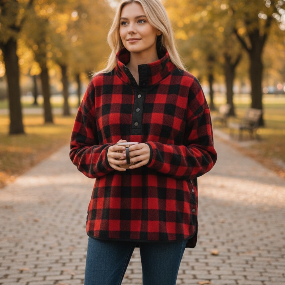 CHAPS Buffalo Check Polar Fleece Snap Mock Neck Pullover Cozy Cabincore XL